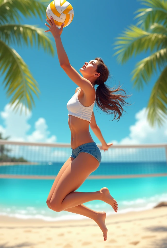 woman in bikini and hat sitting on a white surface, realistic bikini, with straw hat, corpo perfeito fotorrealista, corpo perfeito sombreado realista, April rendering, pose de pin-up, 3D rendering of a complete female body, character is in her natural pose, modelo in bikini, pose sexy, in bikini