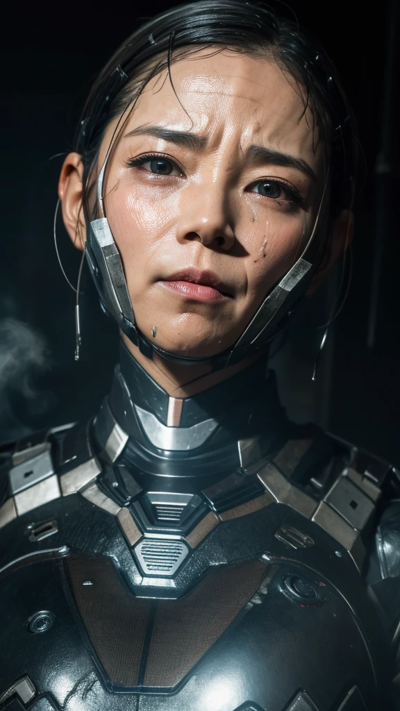 Best Quality　8k (War Machine)　Cyborg middle-aged woman　　Sweaty face　　short hair　　Steam coming out of my head　My hair is wet with sweat　Black Hair　　Full body portrait　Only the face is exposed　orgasm