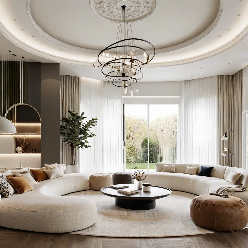 Interior Design, CURVY AND NEO CLASSIC STYLE, a modern interior of a house with a high ceiling, featuring a mix of white and beige furniture, a large chandelier, and a white rug, (CURVY AND NEO CLASSIC STYLE furniture design), (space that realistically describes the minimalist interior of a townhouse), soft lines detail rendering realtime, (Warm LED 4000k white tone, Clean and comfortable, timeless, making the space appear clear), carpet, blanket cotton, (circle spotlight), (indoor), (neutral white mix light gray and black tone color), (white wall mix  light gray wall design), (architectural design visualization), (reflection), (focus on object), (material normal bump real reflection), (multi-level reflection), (chao vantage software visualization render),(((Best Quality))), ((Masterpiece)), ((best illustration)), ((best shadows)), (( Super Detail)), (Intricate lines), (Photorealism),(hyper detail), ((archdaily)), ((award winning design)), (dynamic light), ((spotlight)), (perfect light), ( shimering light), ((photorealistic)), ((intricate detail)), ((extreme detail)), ((crazy detail)), ((octane render)), ((trending on artstation)), ((High- fidelity)), ((Viwvid)), ((Crisp)), ((Bright)), ((Stunning)), ((Eye-catching)), ((High-quality)),((Sharp)), ((day sun environment)), ((Illuminating)), ((Flawless)), ((High-quality)),((Sharp edge render)), ((medium soft lighting)), ((photographic render)) , ((detailed archviz)), ((reality environment)), (level of photo realism, depends on lighting, materials, composition, Real-Time Rendering, based on chao vantage timage rendering graphics software)