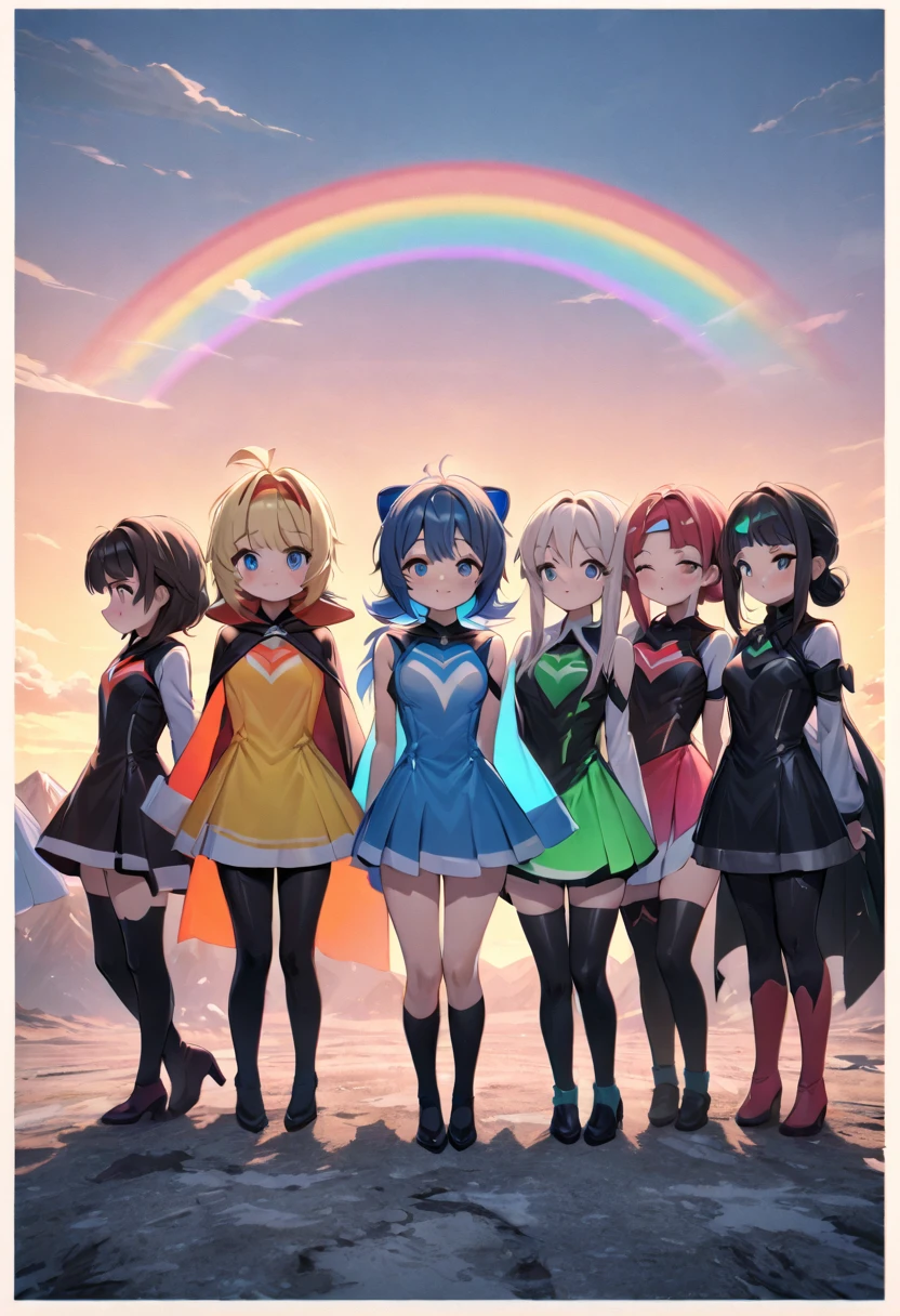 highest quality, movie quality, Mountain background with border design, 5 Different Beautiful Superhero Girls, standing proudly next to each other, image color - rainbow, a group of 5 half-destroyed lines of light, (The girls are dressed in original superhero costumes, Funny, cute, nihilistic), half-destroyed world line