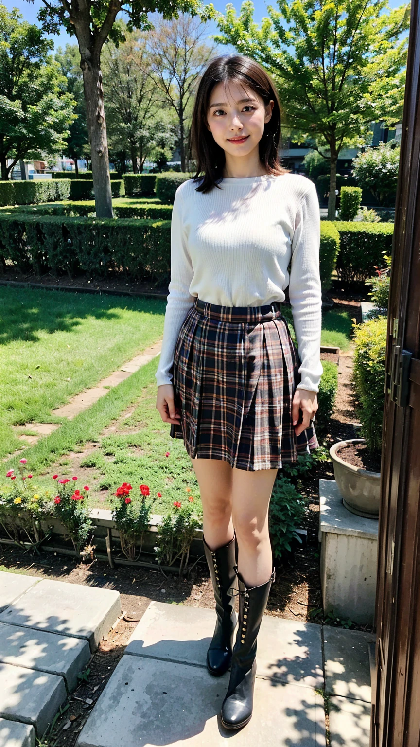 (8k、RAW Photos、Best Quality、masterpiece:1.2)、(Realistic、Realistic)、1 person、((Medium Hair、knit、Breast enlargement、Checked skirt、Thin legs、boots、View from the front、Looking into the camera、garden、Stand with hands on hips))、cute
