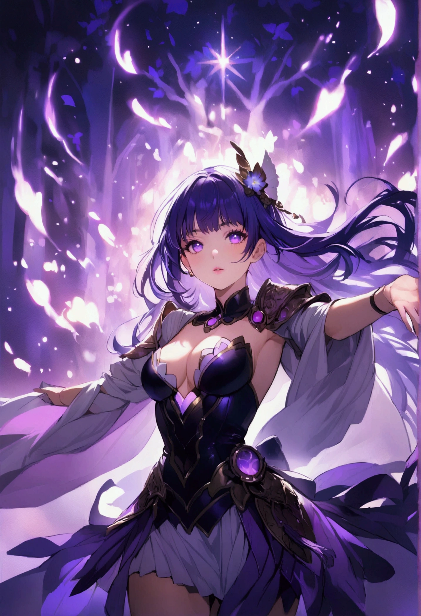 Create an intense, evocative portrait in the Japanese retro anime style of the 80s and 90s. The scene features a woman bathed in deep purple light, leaning against a wall with her arms raised, eyes closed in a moment of raw emotion. Her attire is minimal, accentuating the curves of her body and the dramatic shadows cast by the lighting. The background is stark, with sharp contrasts highlighting the contours of her form. The purple and black palette intensifies the mood, evoking a sense of mystery and allure. Subtle film grain and meticulous shading add depth and texture, emphasizing the emotional gravity of the scene. The lighting creates a chiaroscuro effect, accentuating her expressive pose and the intense atmosphere.  good quality eyes, purple eyes, ultra detailed, beautiful and aesthetically pleasing, masterpiece, 4k, ray tracing, medium body, close-up, , particles and hard neon sparkles, focus on purple and black color