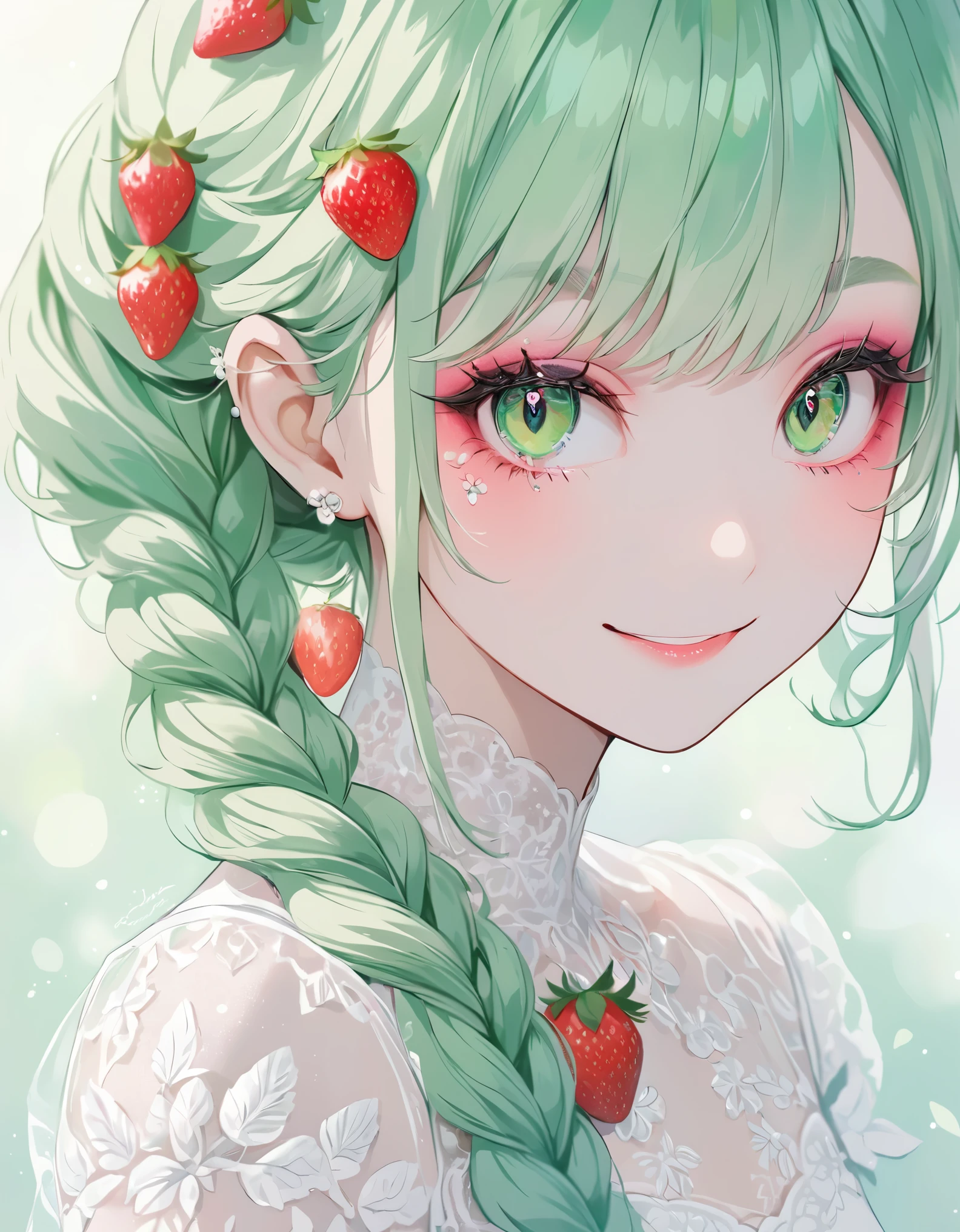 pastel colour,A girl with strawberries in her hair,green braided hair,Delicate and delicious-looking strawberries grow,Big eyes,long eyelashes,delicate makeup,Too eyebrows,transparent skin,pure white lace dress, Smile ☺️ face 