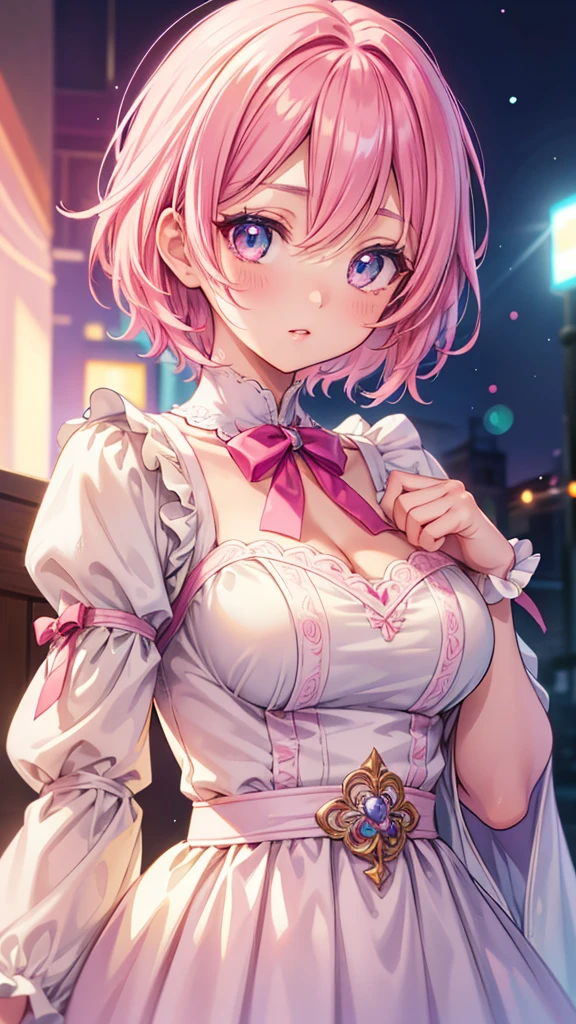 8K,Sophisticated,Beauty, erotic body, Mature、Cute type, anime、 night background, cute clothes, midnight, big breasts, short hair,countryside,pinkhair