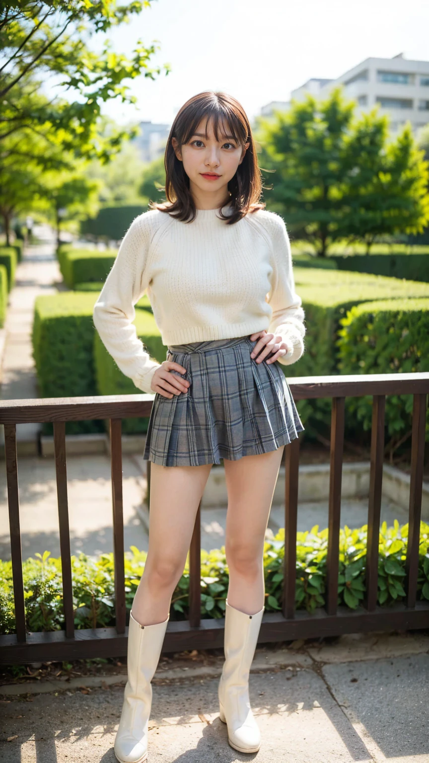 (8k、RAW Photos、Best Quality、masterpiece:1.2)、(Realistic、Realistic)、1 person、((Medium Hair、knit、Breast enlargement、Checked skirt、Thin legs、boots、View from the front、Looking into the camera、garden、Stand with hands on hips))、cute