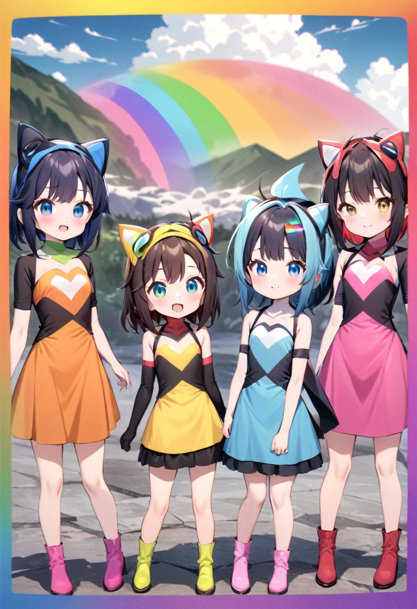 Highest quality, movie quality, Mountain background with border design, several different beautiful superhero girls, standing proudly next to each other, image color - rainbow, a group of personifications of the colors of the rainbow, (The girls are dressed in original superhero costumes, (each girl matches the color of her clothes to the color of the rainbow), Funny, cute, nihilistic), half-destroyed world line