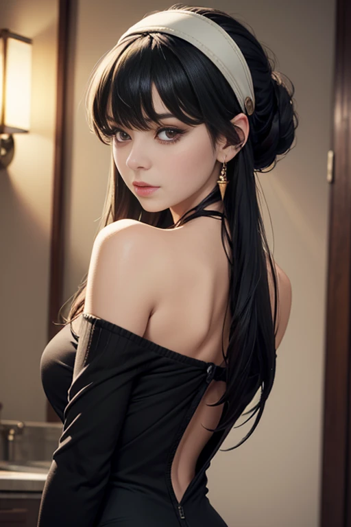 (Raw photo:1.2), (Photorealistic), Beautiful detailed girl, Very detailed eyes and face, Beautiful detailed eyes, Huge file size, High resolution, Very detailed, Best Quality, [masutepiece:1.6], Illustration, Very detailed, Fine detail, Best Quality, 8K Wallpaper, Movie Lighting, 14 year old girl in beautiful Snow White cosplay, Halloween Party, Pretty eyes, Long wavy black hair,  de pele branca,  petite body type, Yellow ruffled skirt, The chest is open, Nipples are visible,small nipples,  Dresses featuring red cuffs and collars, Red ribbons,Black headband, bright expression, large apples, Smaller chest,   Snow White Castle