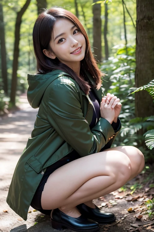 Top Quality, Ultra High Resolution, (Photorealistic: 1.4), One Girl, Masterpiece, Outdoor, Full Body, Brown Hair, Bob Hair, Saggy Eyes, Muscular, Slender, Full Body, Detailed Fingertips, Single Woman, Solo, Clothed, Thighs, Beautiful Legs, Legs Crossed