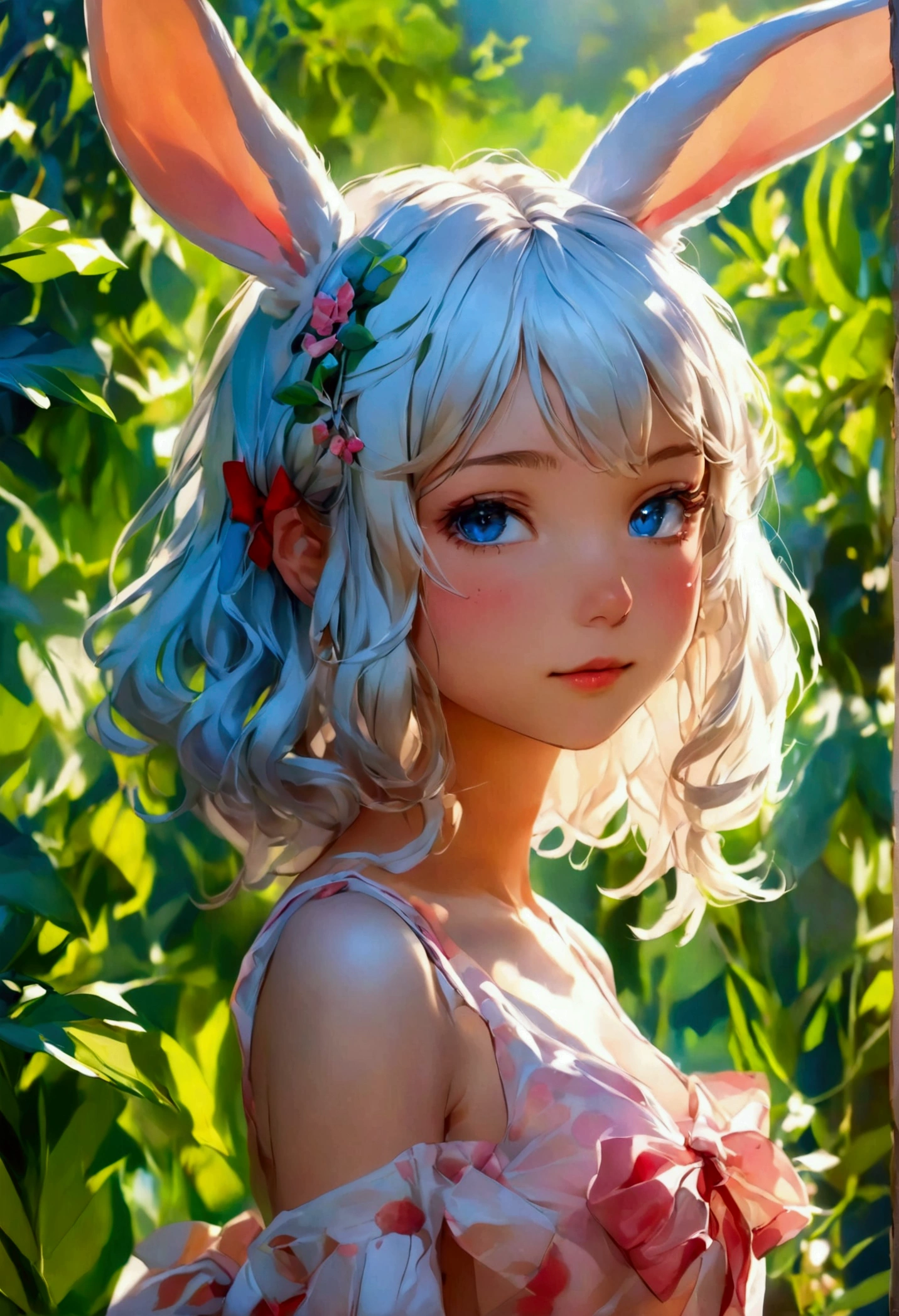 (masterpiece, best quality:1.4), Young blonde beauty, (((adult, neat girl))), detailed blue eyes, long eyelashes, blush, kind smile, horny, upper body, wet, pink sailor uniform, small ass, round ass, (looking at viewer), beautiful blonde hair, white-skinned, (bangs:1.3), pigtails, (from above), squeezing, (small breasts), (mushroom forest, colorful celestial forest, beautiful and magnificent pink sunshine, majestic sky), natural light, pastel colors