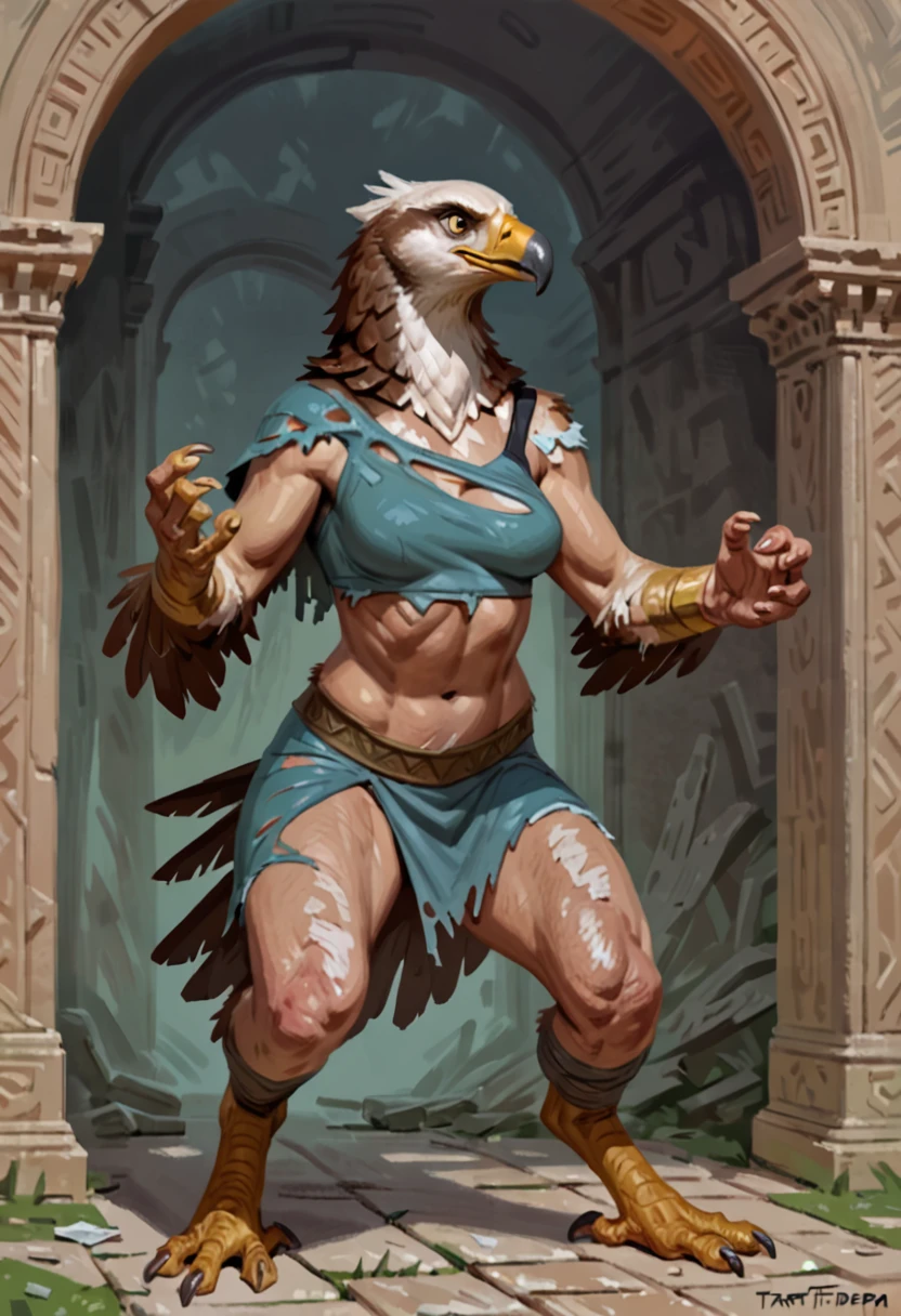 Eagle, feathers, comic book style, illustration, solo, abs,, ferocious, feminine body, [[badass pose]], masterpiece, best art, full body, digitigrade, by taran fiddler, pants, shirt, detailed hands, tall, detailed eyes, aztec