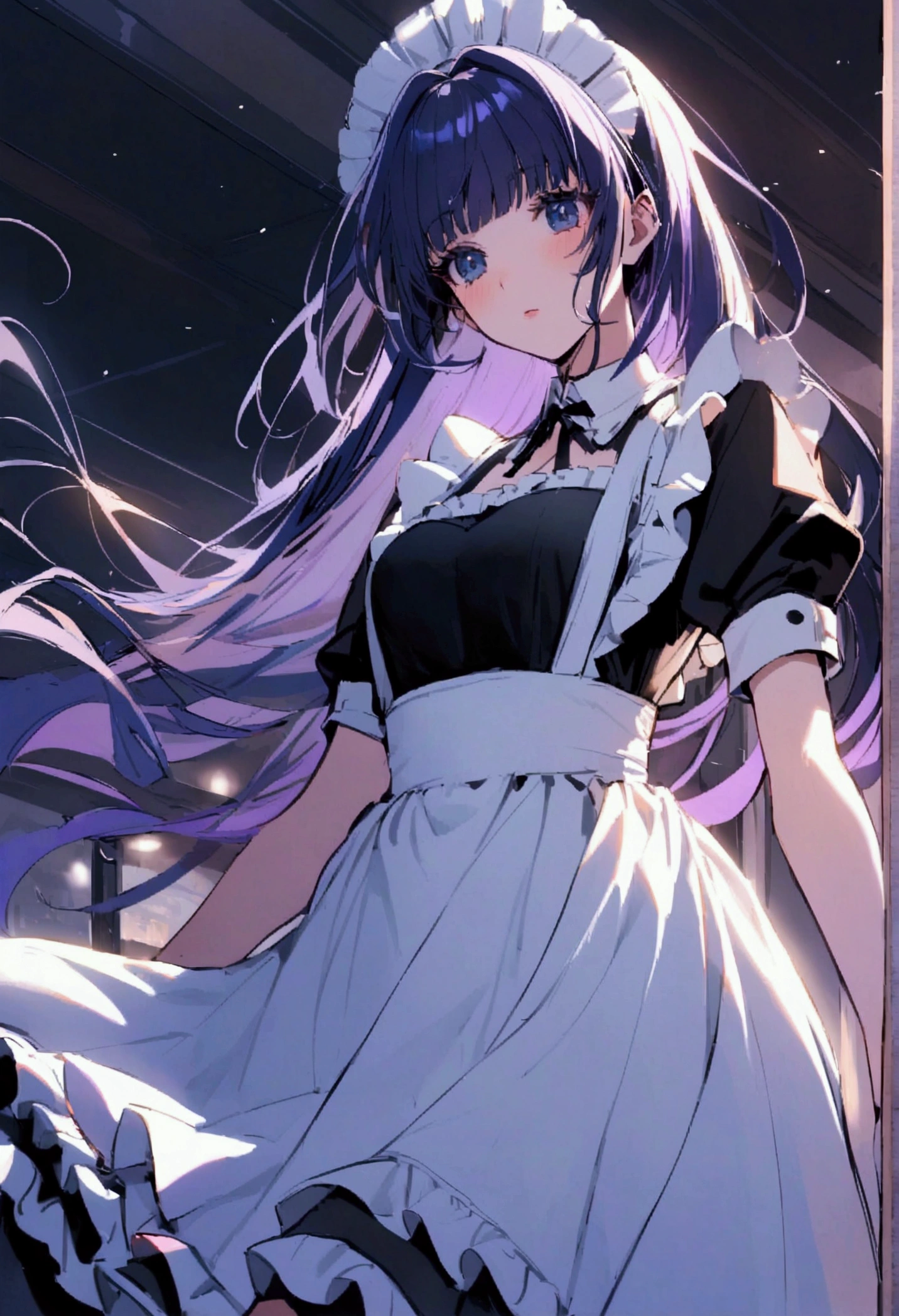 Hoshino Ai, long hair, purple hair, streaked hair ,purple eyes, star-shaped pupils, hair ornament,Candid photos of girls，Volumetriclighting，best shadow，shallowdepthoffield，Portrait of a beautiful girl，Delicate Beautiful Attractive Face，Charming sharp red eyes，Sharp eyebrows，Enjoying The Scenery，Keep one's mouth shut，（lovely small breasts），（ssmile），Layered long black double-sided curls、The wind blows、shairband、Blush Eyeshadow、Thick lashes、Red turtleneck on the cross、short- sleeved、perfect bodies，big breasts thin waist、Short black pleated skirt、Thigh notch、black high-socks、clouds、parks，Overpass guardrails、Back Shadow、Side view leaning on the railing、scapula、（HighestQuali、astonishing detail：1.25）、（solo person：1.3）、Brilliant and colorful paintings，cowboy lens