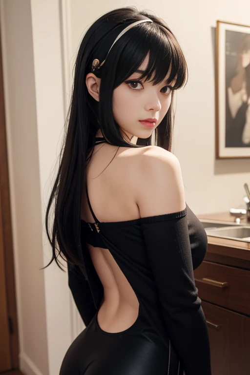 A white woman with long, Braided black hair and exceptionally large breasts wear seductive clothing in this image.. The detailed texture of her hair cascades down her back., each strand shining under the soft, natural light. His skin is super detailed., with a radiant shine and visible pores, giving a realistic and attractive appearance. His bright eyes stand out, Its dark circles add a mystical charm to its striking features. Her body is adorned with sensual garments that hug her curves.., accentuating her well toned figure. The room is dimly lit., creating a changing and captivating atmosphere. the attention is focused on her