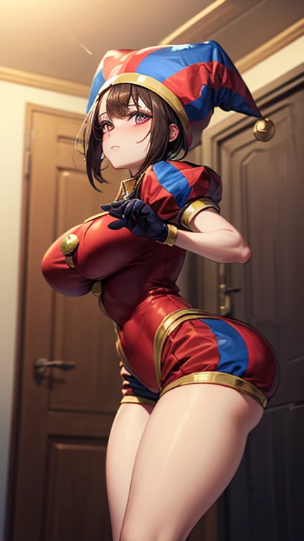 High quality masterpiece, (Unreal Engine), reality:1.8, Ultra-high resolution, Rich contrast, super high quality, 8k, High definition texture, Incredible absolute resolution, Advanced Settings, colorful, Clear images, Sharp focus, Digital Blending, (Hasselblad Photos, Dynamic Angle),

1 girl, pomni, The Amazing Digital Circus, Big Breasts, Jester Cap, gloves, Puff short sleeves, Red eyes and blue eyes, Striped, My clothes are sticky with sweat, Dynamic pose, 

indoor, in The Amazing Digital Circus, 