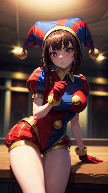 High quality masterpiece, (Unreal Engine), reality:1.8, Ultra-high resolution, Rich contrast, super high quality, 8k, High definition texture, Incredible absolute resolution, Advanced Settings, colorful, Clear images, Sharp focus, Digital Blending, (Hasselblad Photos, Dynamic Angle),

1 girl, pomni, The Amazing Digital Circus, Big Breasts, Jester Cap, gloves, Puff short sleeves, Red eyes and blue eyes, Striped, My clothes are sticky with sweat, Dynamic pose, 

indoor, in The Amazing Digital Circus, 