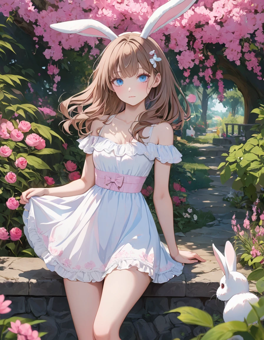  girl with delicate features, thin but cute face, light white skin with a slight blush, medium breasts, thin waist, long legs, thick thighs, bright light blue eyes, long, slightly wavy brown hair with pink highlights at the ends, short white rabbit ears with brown spots and a round white fluffy tail also with brown spots, wearing a light pink and white dress and is in a garden.