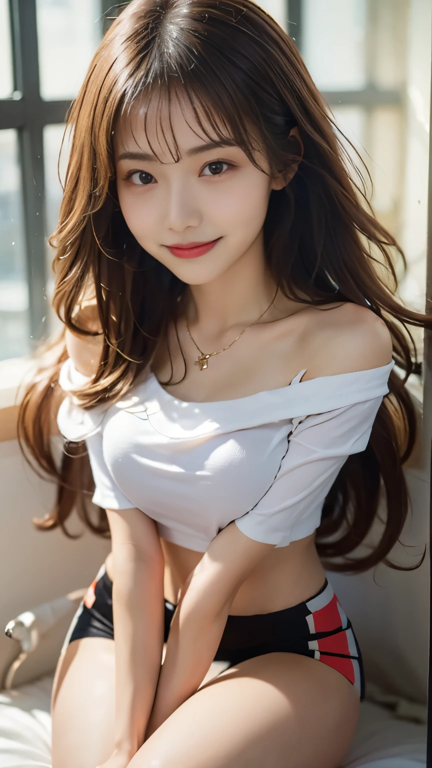 of Misaki,Small breasts,High resolution, Best Quality, Perfect Dynamic Configuration, Beautiful fine details, Off the shoulder、Shiny Hair、Medium Hair, Natural color lip, College years、Harajuku、smile、Crouching、M-shaped feet