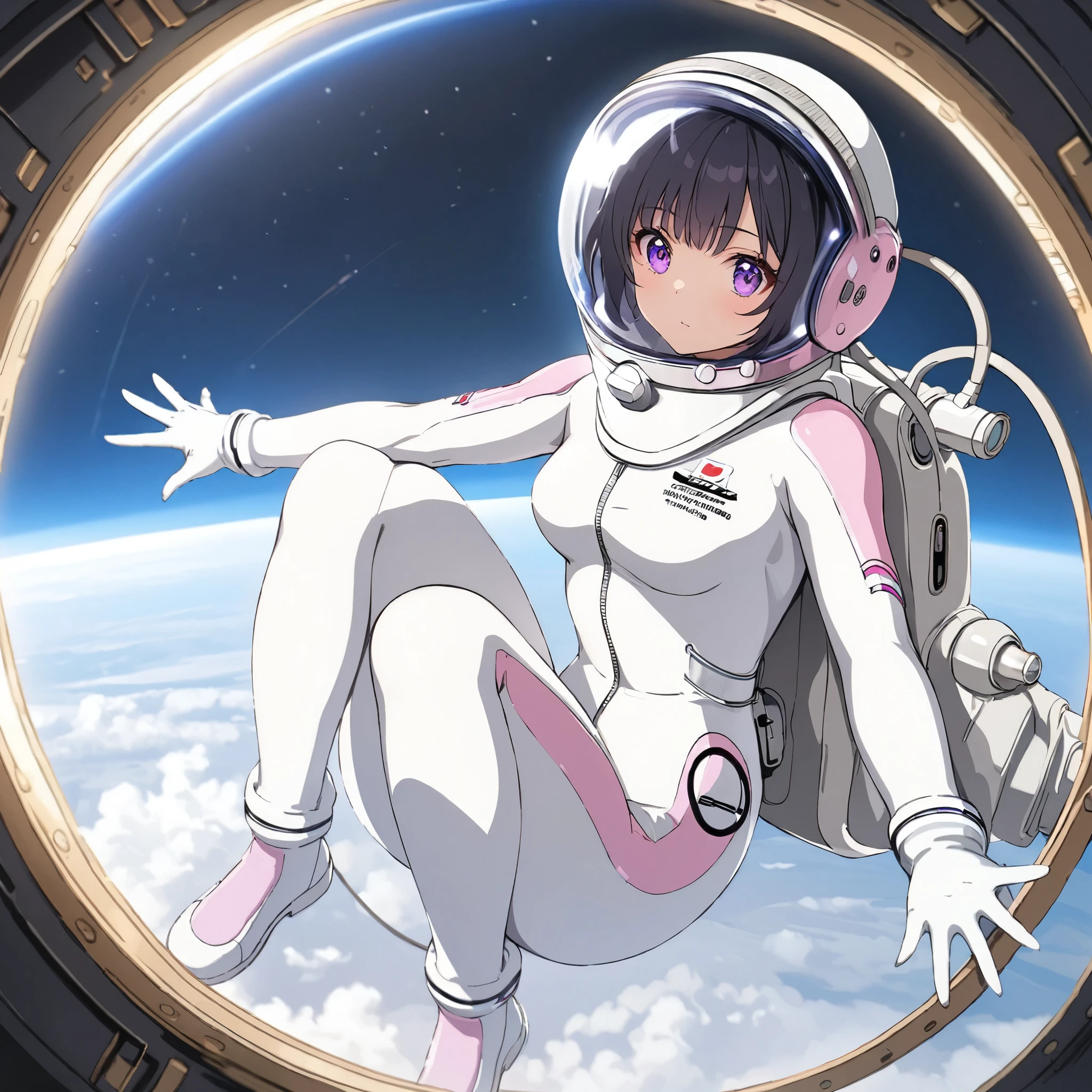 (white back ground):10,simple background ,BREAK masterpiece, (best quality), (highly detailed:1.3), 1girl,solo,fullbody,floating:2,(Space Suit:1.15),short hair, Space Helmet ,Black Hair ,