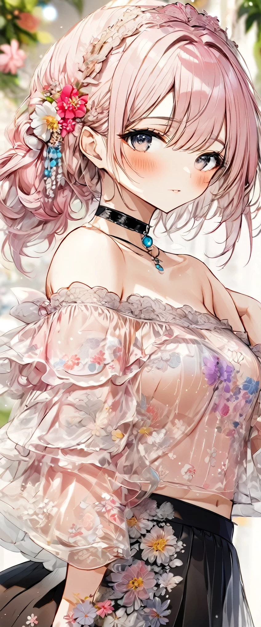 (The best quality, masterpiece), 1 girl, intricate details, off the shoulder, skirt, choker, Ornaments, transparent, looking at the viewer, blush, upper body, blurred background, floral patterned, contrasted