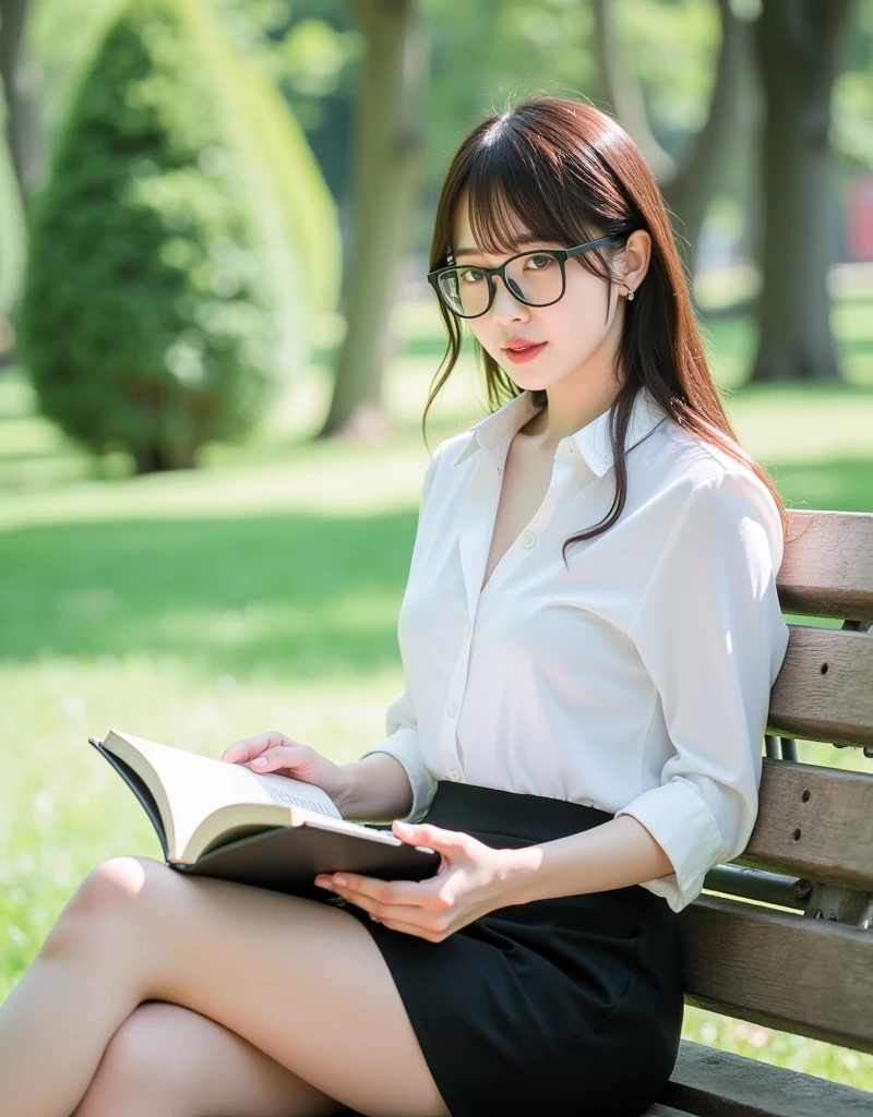 1girl, 25years old woman, (perfectly detailed face), ((looking at viewer)), White skin, (bright lighting:1.2), perfect lighting, wearing a dress shirt open, Cleavage, Wearing glasses, Wearing a dress shirt and a black mini skirt, Turn your body to the side, Reading on a park bench, photorealistic, (bokeh), UHD, anatomically correct, masterpiece, highres