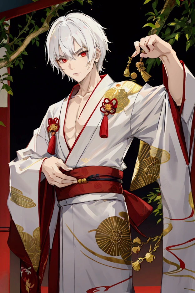 a nekomata boy, white haired, red eyes, dressed in a green yukata with gold details