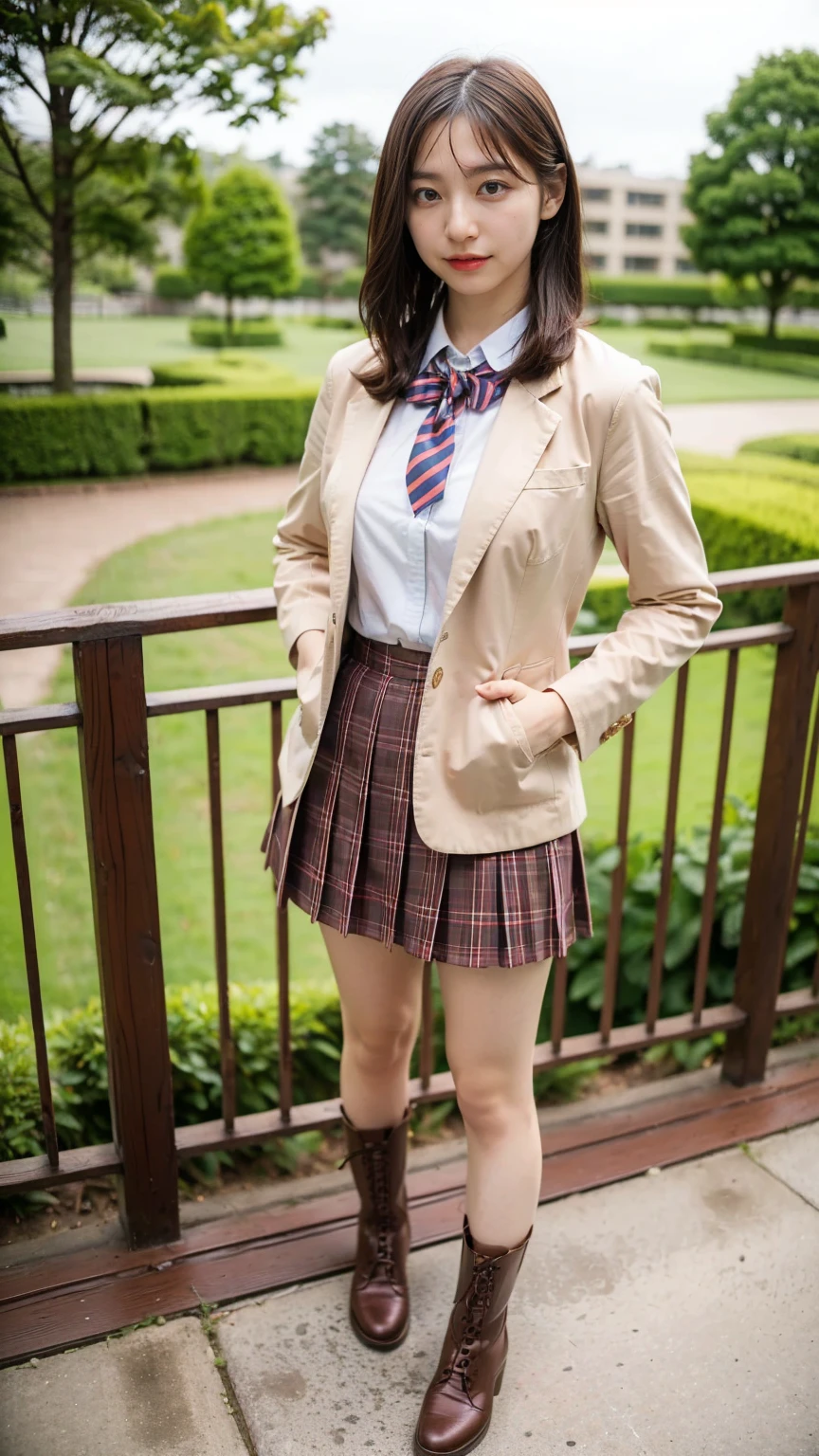 (8k、RAW Photos、Best Quality、masterpiece:1.2)、(Realistic、Realistic)、1 person、((Medium Hair、Brown school girl uniform、blazer、shirt、Chest ribbon、Breast enlargement、Checked skirt、Thin legs、boots、View from the front、Looking into the camera、garden、Stand with hands on hips))、cute