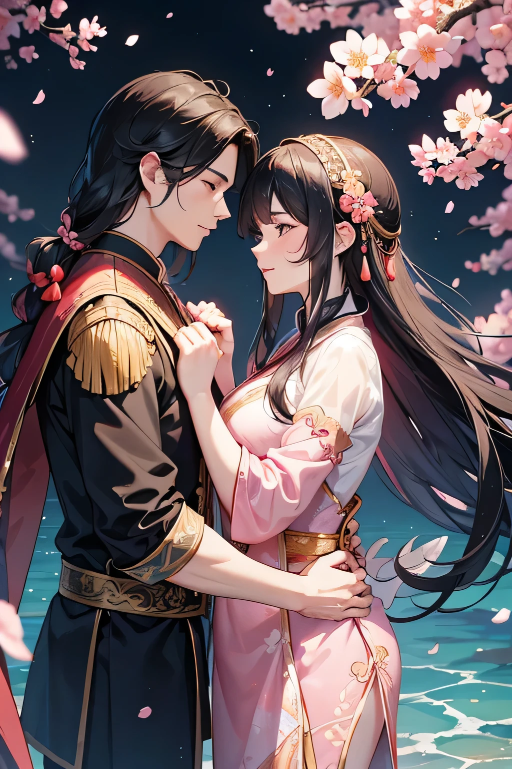 A romantic digital artwork depicting a couple in traditional Chinese attire. The woman wears a flowing pink dress with delicate embroidery and has long black hair adorned with flowers, while the man is dressed in a dark outfit with intricate gold patterns. They are standing close together, surrounded by softly glowing candles on a wooden platform, with cherry blossom petals falling around them. The background features a serene blue water scene, enhancing the intimate atmosphere. 