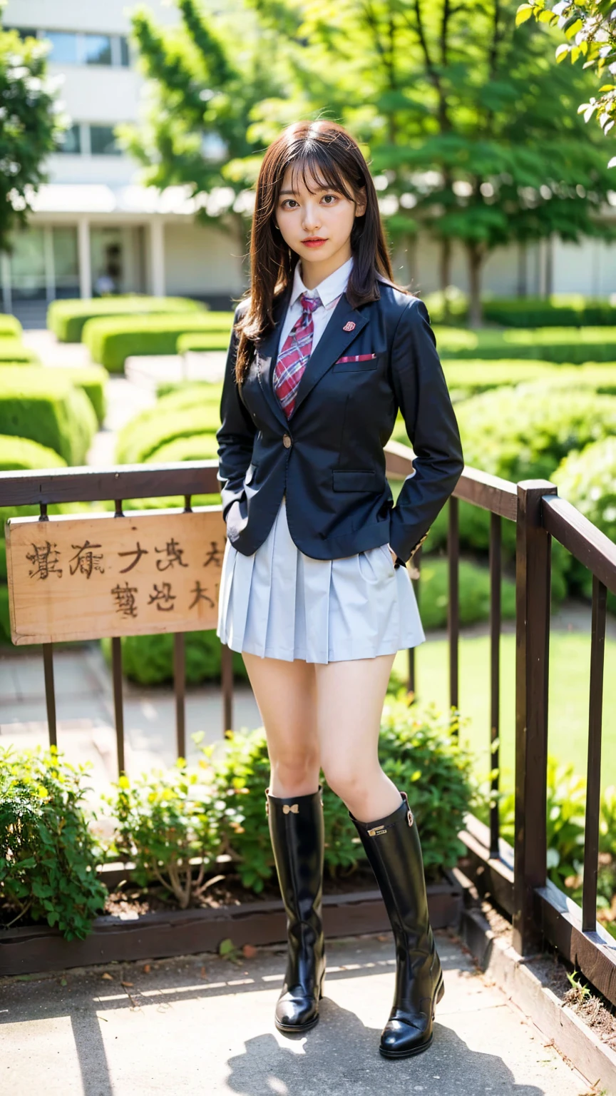 (8k、RAW Photos、Best Quality、masterpiece:1.2)、(Realistic、Realistic)、1 person、((Medium Hair、Brown school girl uniform、blazer、shirt、Chest ribbon、Breast enlargement、Checked skirt、Thin legs、boots、View from the front、Looking into the camera、garden、Stand with hands on hips))、cute