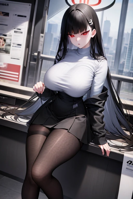 White vertical knit(“Hip length”), Big Breasts, Black Hair, Red Eye, Black tight skirt, Black Pantyhose, Fishnet stockings, train, Long slender legs, masterpiece, Best Quality, High-resolution model