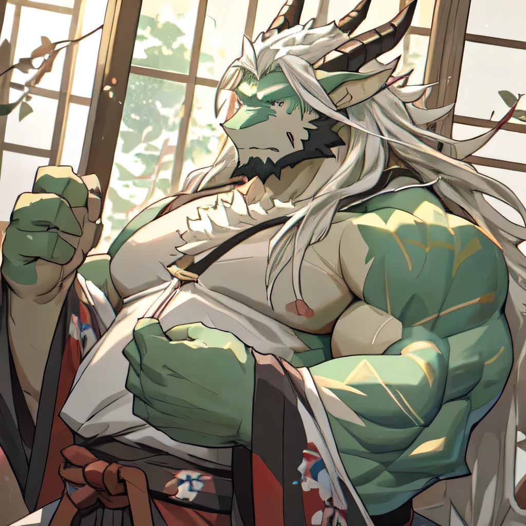 detailed eyes, (extreme detail:1.2), Nsfw, Anime style, score_9,score_8_up,score_7_up, best quality, masterpiece, high detailed, Kemono, (dragon) male, eastern dragon man, Big penis, athletic, Green skin, Long blonde hair, disheveled hair, long hair on side of head, Red eyes, (((Thin eyebrows))), arms behind head, low-angle, ((sit)), rope bondage, open clothes, ((glaring)), saliva, v-shaped eyebrows, (furrowed brow), bondage, bound, full body, Exposed penis, ((Sweaty body)), sweat, with the legs spread, parted lips