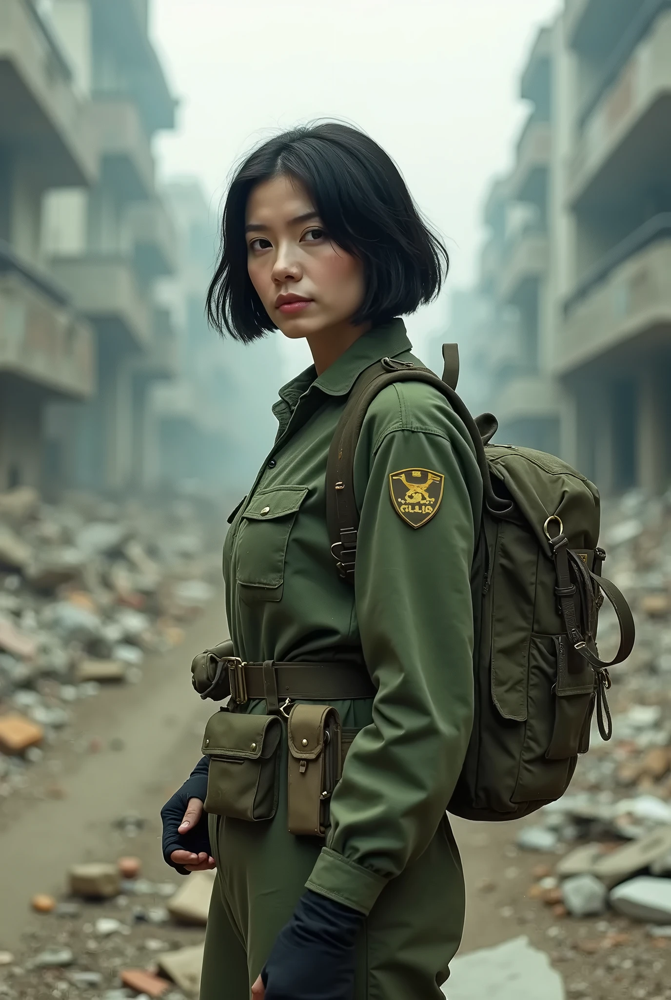 Beautiful Female Vietnamese soldier in a totally destroyed city, 8k, Fotografia Renderizada, Extremamente Detalhada, cinematic ambiance. --auto