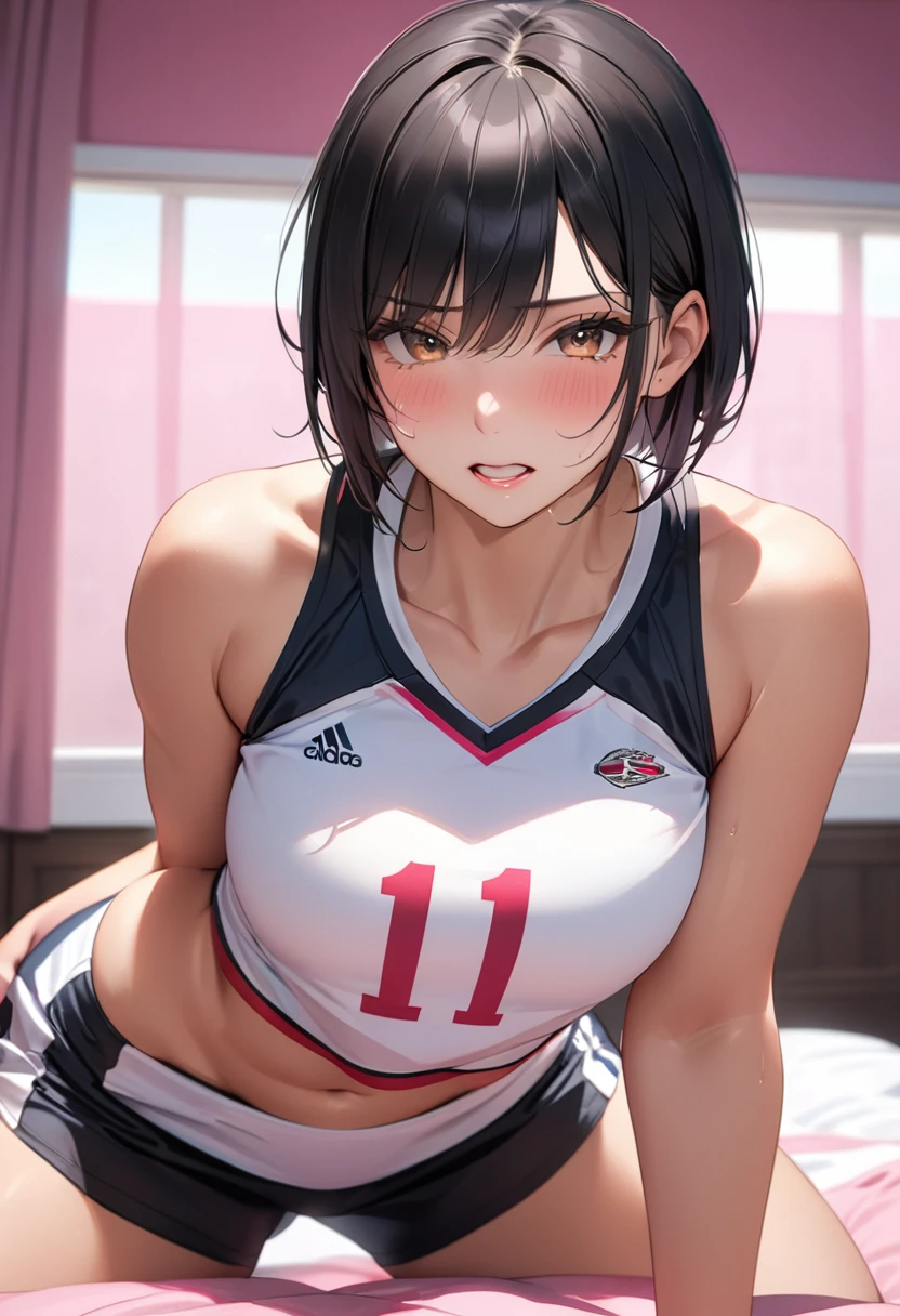 (8k, RAW Photos, Highest quality, masterpiece: 1.2), masterpiece, Super Detail,Best lighting, (Realistic and photorealistic photography: 1.4), High-resolution RAW color photos, Highly detailed mouth,1 person, (Sexy low rise White volleyball uniform), Exposing the abdomen,large hip,thick thighs,Background Blur, blush, Depth of written boundary, Hair between the eyes,short hair,(Oily skin:1.5,Glowing Skin),((whole body)), Embarrassing,crying:1.3,Black Hair,teeth,in the pink bedroom,((show abs)),((A GIRL IS MASTURBATING:1.3))