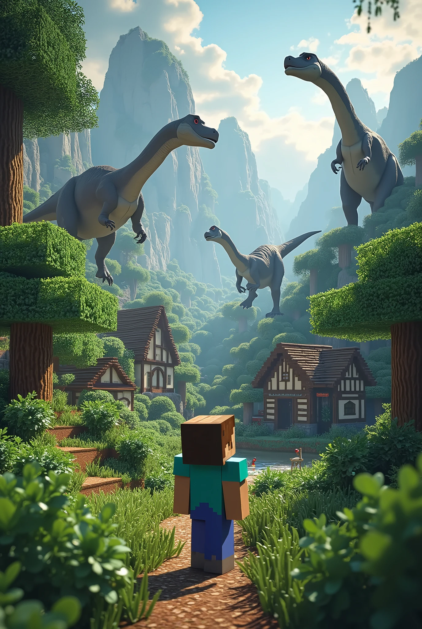 Make a YouTube thumbnail for Minecraft found 2 villages with the presence of dinosaurs in the landscape