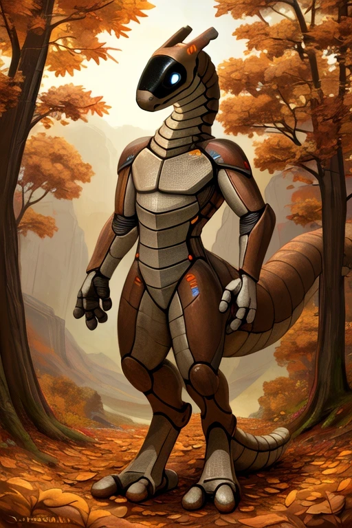 best quality, good quality, (synth \(vader-san\), synthspecies, synthbod:1.1), full-length portrait, digitigrade, slit pupils, thick tail, solo, anthro, male, brown body, grey body, featureless crotch, front view, standing, slim, detailed background, otherworldly, with autumn leaves in the foreground, Rembrandt