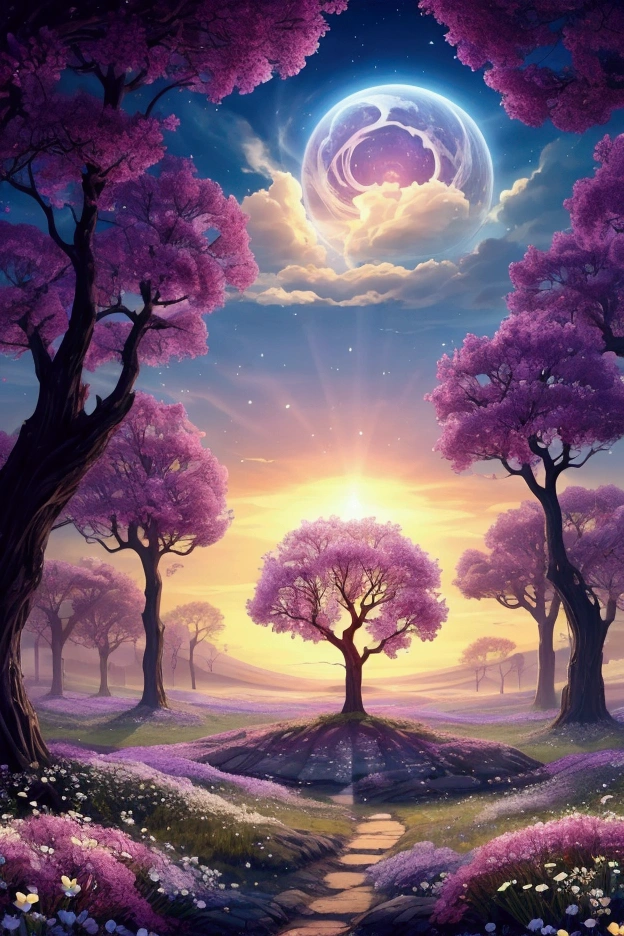 Here are a few prompts based on the image you described: Fantasy/Anime-Inspired: * "A lone tree stands tall amidst a field of glowing flowers under a vibrant blue sky filled with swirling clouds and ethereal lights." * "In a dreamlike world, a solitary tree casts a tranquil shadow over a vast field of shimmering white flowers beneath a celestial arch." Nature-Focused: * "A breathtaking landscape of a single tree bathed in sunlight, surrounded by a sea of delicate white flowers against a backdrop of a clear blue sky and fluffy clouds." * "A serene scene of a solitary tree standing sentinel over a field of white wildflowers, illuminated by the soft glow of the setting sun." Surreal/Dreamlike: * "An otherworldly image of a tree with iridescent leaves, surrounded by a field of glowing flowers that seem to dance in the breeze under a sky painted in shades of blue and purple." * "A surreal vision of a tree with roots that reach into the clouds, standing amidst a field of flowers that bloom with the colors of the rainbow." You can further customize these prompts by adding specific details or emotions, such as: * "A feeling of peace and tranquility washes over the scene." * "A sense of wonder and awe fills the air." * "The tree seems to be a symbol of resilience and strength." * "The flowers represent purity and innocence." Let me know if you'd like me to generate more prompts or if you have any other questions. , 32k