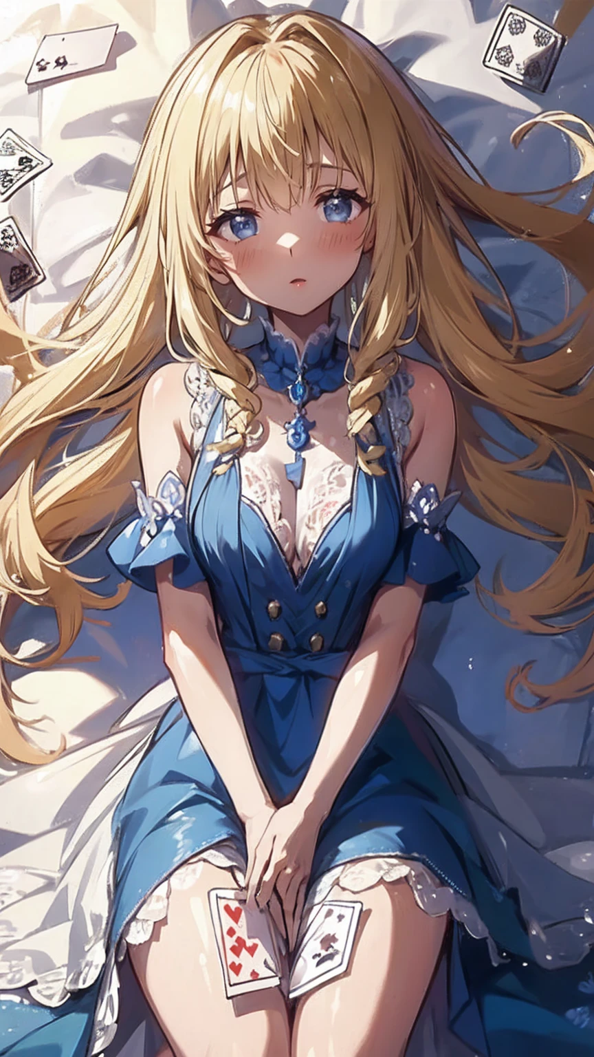 One girl, Alice, Alone, blue eyes, Blonde, blue hair bow, Long Hair, Short puffed sleeves, White apron, Blue Dress, White thighs, Small breasts, sweat, (Glowing Skin), Highly detailed outdoor environments, Beautiful Face, One beautiful girl, Taking a comfortable nap in the shade, ふしぎの国のAlice, Aliceは大きな木にもたれて眠っている, Beautiful Fields, The river flows, Aliceの周りに古い本が約5冊ある, One of them is open, トランプがAliceの周りにあり、About 10 playing cards are lying around, Hearts and diamonds are red, Spades and clovers are black, 1つのポケットウォッチがAliceの眠っている顔の近くに落ちている, Pocket watches are beautiful、Looks very expensive, Gentle Breeze, White Flower, peace, Story Scene,