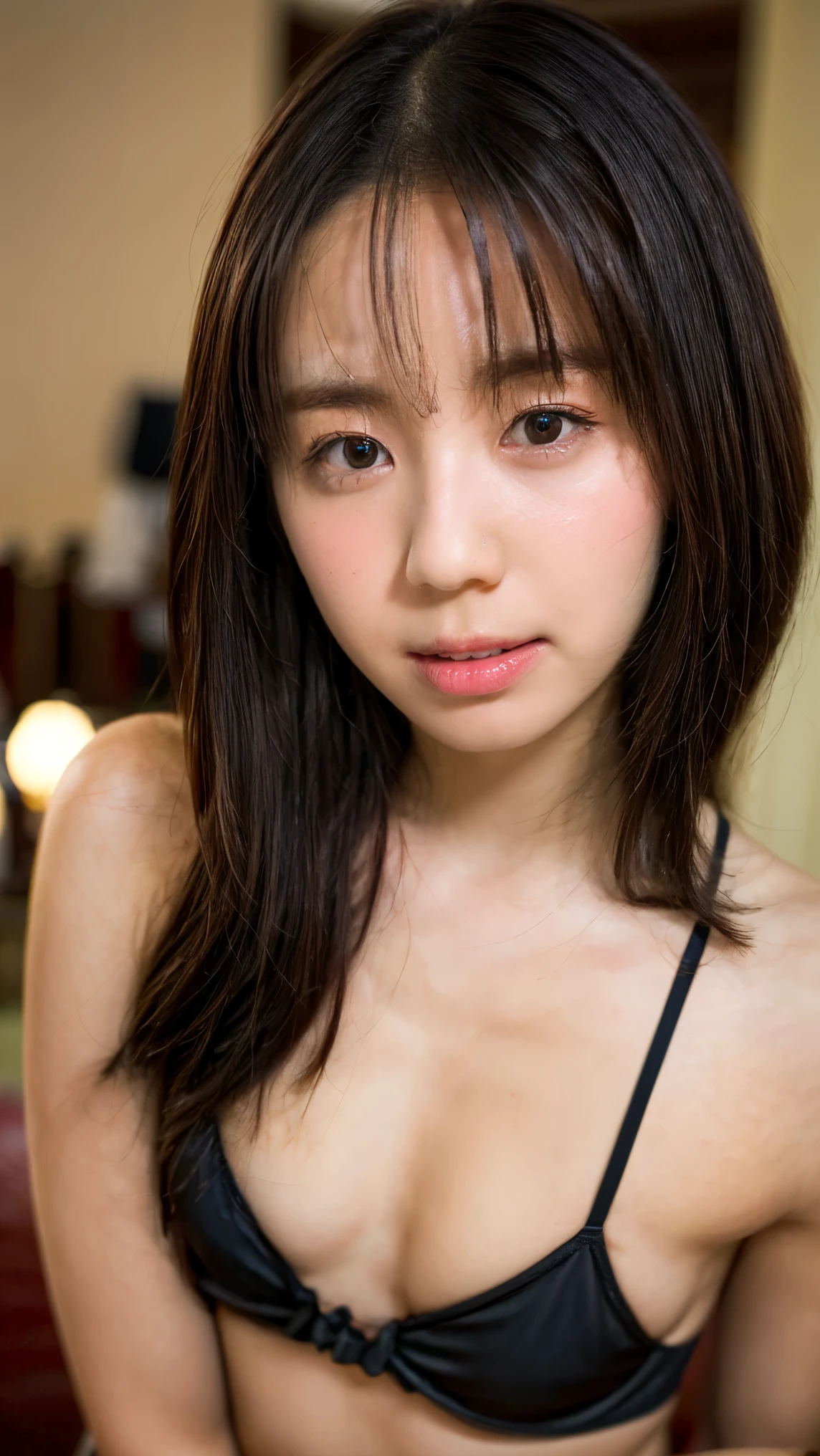 ((Petite women, Voluptuous women, No makeup, Narrow eyes, Small eyes, 笑face)), (Full body portrait, Black Hair, short hair, Large Breasts, Wearing bikini underwear, Protruding nipples, Thick pubic hair), Fair-skinned, Very thin lips, skinny, Body Type, Delicate and sexy collarbone, Best Quality, RAW Photos, Realistic, face, so beautiful, cute, Depth of the written border, High resolution, 超detailed, detailed, Very detailed, extremely detailed eye and face, Sharp focus, Cinema Lighting