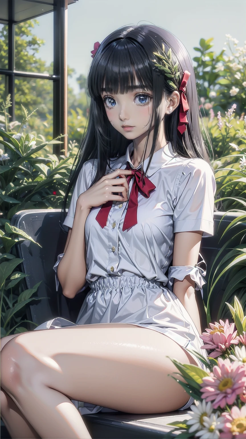 One girl, Alice, Alone, blue eyes, Blonde, blue hair bow, Long Hair, Short puffed sleeves, White apron, Blue Dress, White thighs, Small breasts, sweat, (Glowing Skin), Highly detailed outdoor environments, Beautiful Face, One beautiful girl, Taking a comfortable nap in the shade, ふしぎの国のAlice, Aliceは大きな木にもたれて眠っている, Beautiful Fields, The river flows, Aliceの周りに古い本が約5冊ある, One of them is open, トランプがAliceの周りにあり、About 10 playing cards are lying around, Hearts and diamonds are red, Spades and clovers are black, 1つのポケットウォッチがAliceの眠っている顔の近くに落ちている, Pocket watches are beautiful、Looks very expensive, Gentle Breeze, White Flower, peace, Story Scene,