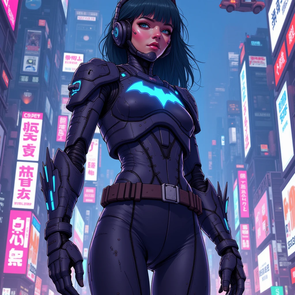 Cybanime, A futuristic, cyberpunk version of Batgirl set in a neon-lit city. Her suit is upgraded with sleek, high-tech armor and glowing neon accents, blending black, purple, and electric blue colors. The city behind her is filled with towering holographic advertisements and flying cars.
