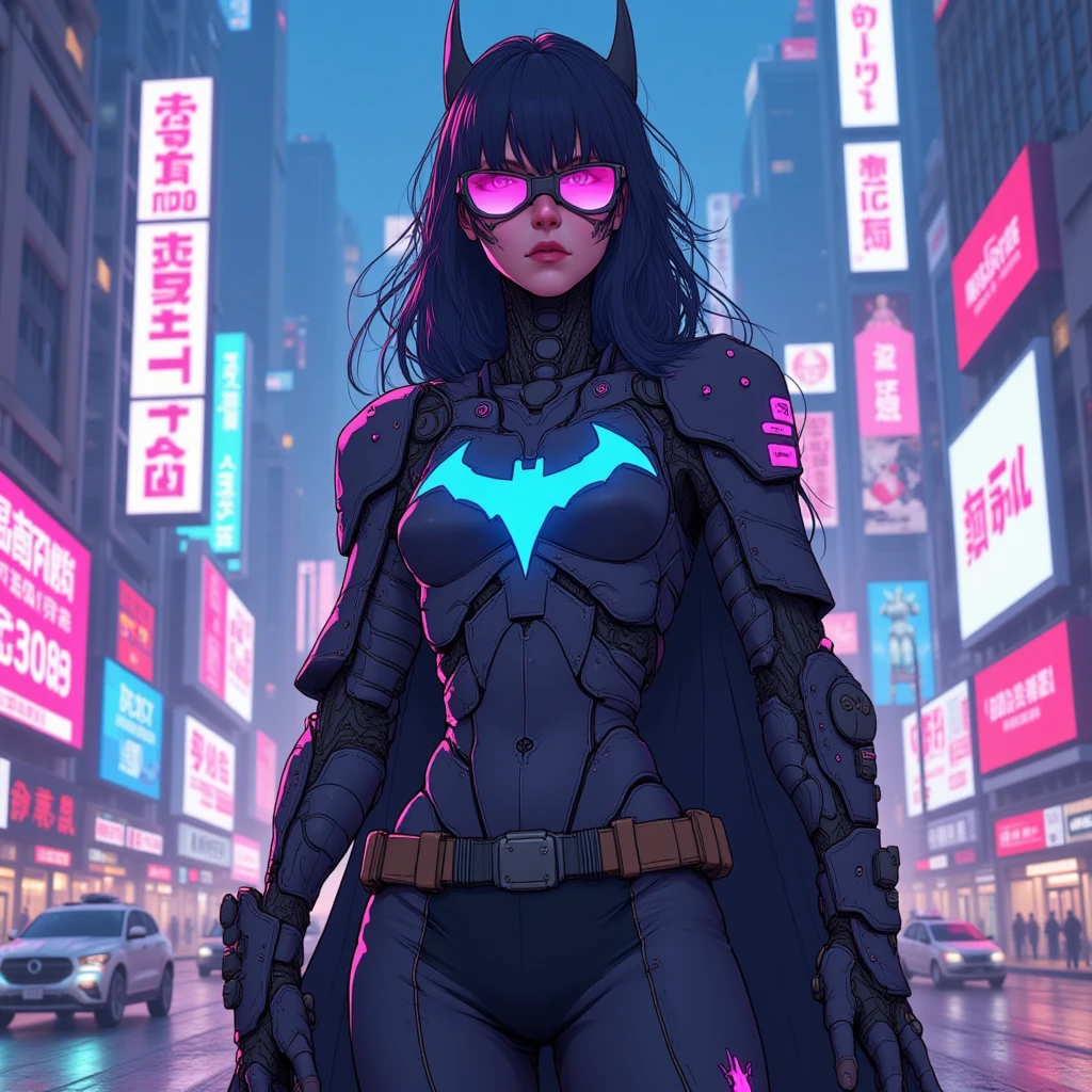 Cybanime, A futuristic, cyberpunk version of Batgirl set in a neon-lit city. Her suit is upgraded with sleek, high-tech armor and glowing neon accents, blending black, purple, and electric blue colors. The city behind her is filled with towering holographic advertisements and flying cars.
