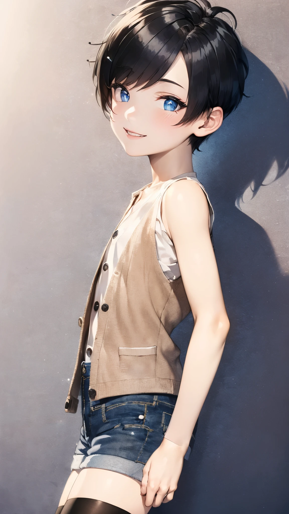 Illustration of a cute boy. ((He is wearing very short denim shorts. He is wearing a cardigan over his shirt and denim shorts and black short tights)). He is smiling with his head tilted to the side. The background is a night view of a hill with a view of the sea. 1boy, (solo), (young boy), ((very short hair, pixie cut hair, shiny black hair)), ((sparkling clear blue eyes)), (flat chest), (standing), (best quality, high quality, ultra high res), (masterpiece, 8k), ((detailed blue eyes)), detailed hair, detailed face, (arms behind back), night, beautiful background, background blur, beautiful illustration, ((from side)), ((detailed shading)),