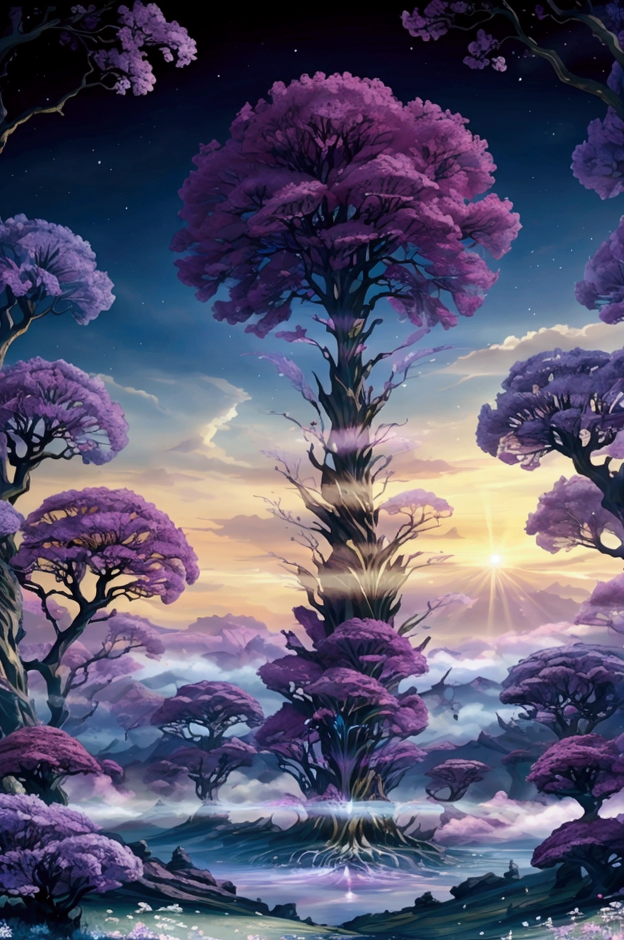 Here are a few prompts based on the image you described: Fantasy/Anime-Inspired: * "A lone tree stands tall amidst a field of glowing flowers under a vibrant blue sky filled with swirling clouds and ethereal lights." * "In a dreamlike world, a solitary tree casts a tranquil shadow over a vast field of shimmering white flowers beneath a celestial arch." Nature-Focused: * "A breathtaking landscape of a single tree bathed in sunlight, surrounded by a sea of delicate white flowers against a backdrop of a clear blue sky and fluffy clouds." * "A serene scene of a solitary tree standing sentinel over a field of white wildflowers, illuminated by the soft glow of the setting sun." Surreal/Dreamlike: * "An otherworldly image of a tree with iridescent leaves, surrounded by a field of glowing flowers that seem to dance in the breeze under a sky painted in shades of blue and purple." * "A surreal vision of a tree with roots that reach into the clouds, standing amidst a field of flowers that bloom with the colors of the rainbow." You can further customize these prompts by adding specific details or emotions, such as: * "A feeling of peace and tranquility washes over the scene." * "A sense of wonder and awe fills the air." * "The tree seems to be a symbol of resilience and strength." * "The flowers represent purity and innocence." Let me know if you'd like me to generate more prompts or if you have any other questions. , 32k