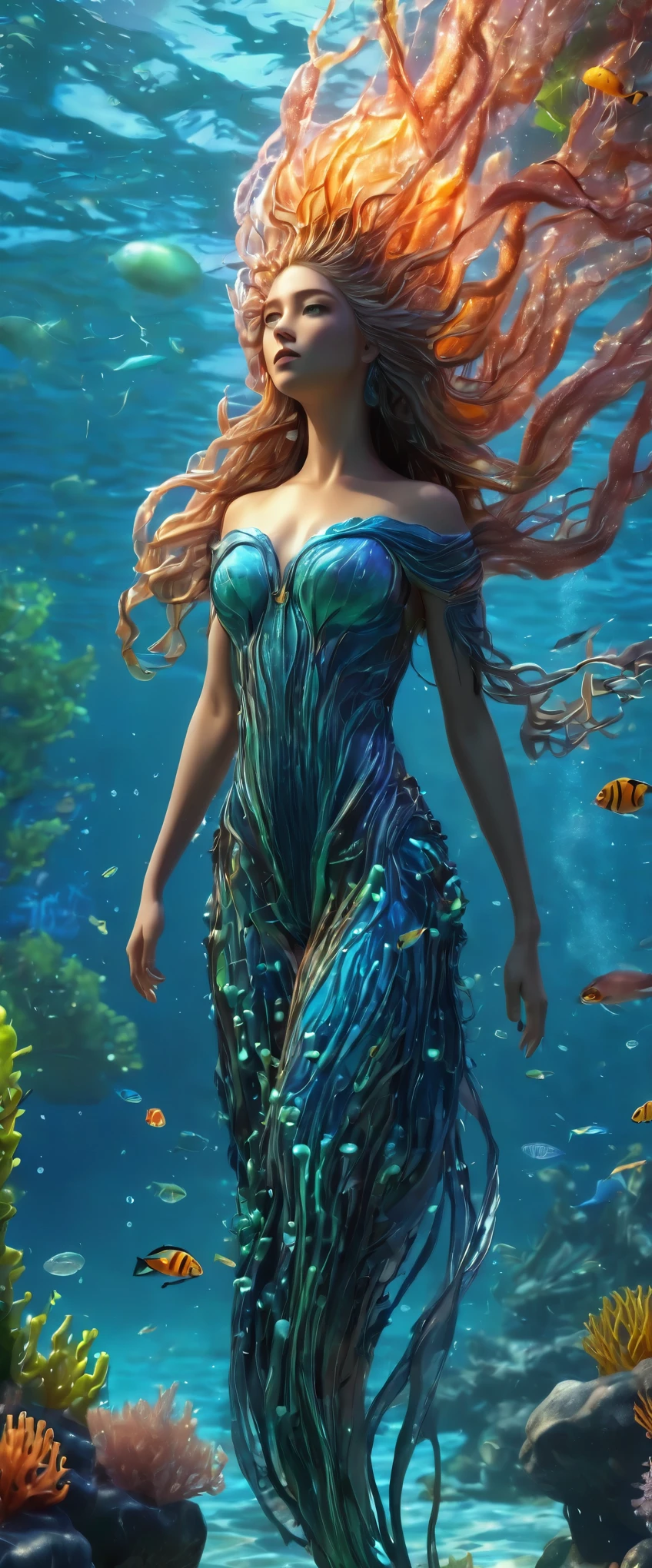 "Imagine a concept art, full body, Marvel comic book art style, female character, water elemental, translucent skin, hair like seaweed, flowing blue robes, serene expression, holding a water orb, underwater background with corals and sea creatures, soft blue lighting."