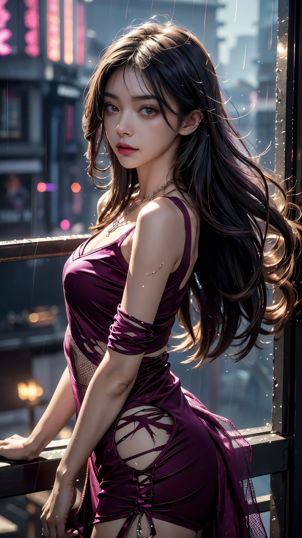 Top quality, masterpiece, ultra high definition, Original photo, 1 Girl, ((mesh sardine)), cinematic lighting, very long hair, detailed eyes, wind, necklace, piercing, ((torn clothing)), ((magenta clothing)), ((glowing lights)), ((water)), in the balcony, rain weather, ((flowers)), cinematic pose,