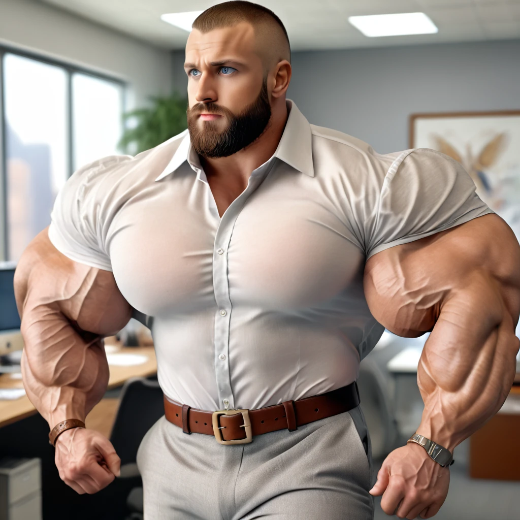 A very handsome young man, face of chrisevans person, shirtless, close-up face, big, beautiful eyes, massively muscular, massively large muscles, massively large arms, massively large biceps, brutalmass body, close up, sitting in front of an office desk on a black background