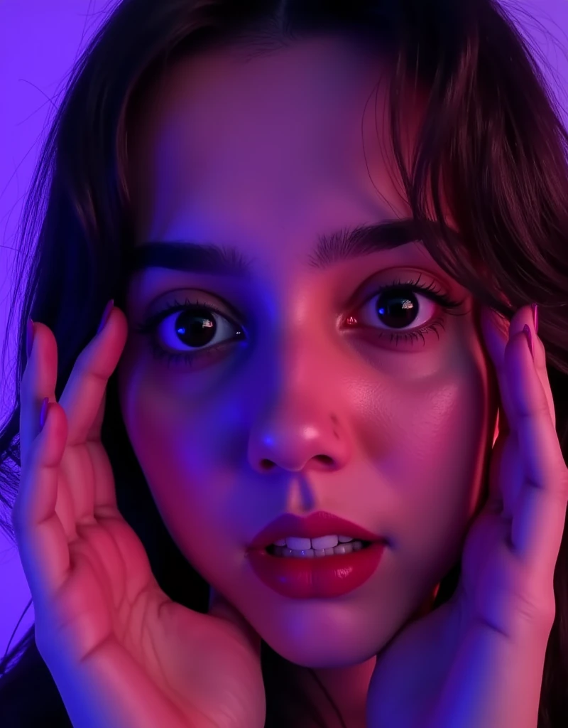 beautiful woman with "crazed Yandere expression", slight head tilt to the right, purple lighting, woman's hands on her checks near her eyes, close-up looking at the viewer.
