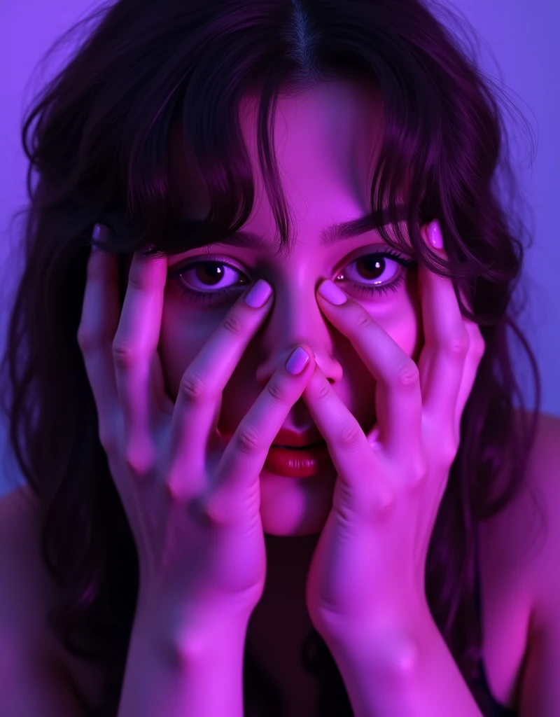 beautiful woman with "crazed Yandere expression", slight head tilt to the right, purple lighting, woman's hands on her checks near her eyes, close-up looking at the viewer.
