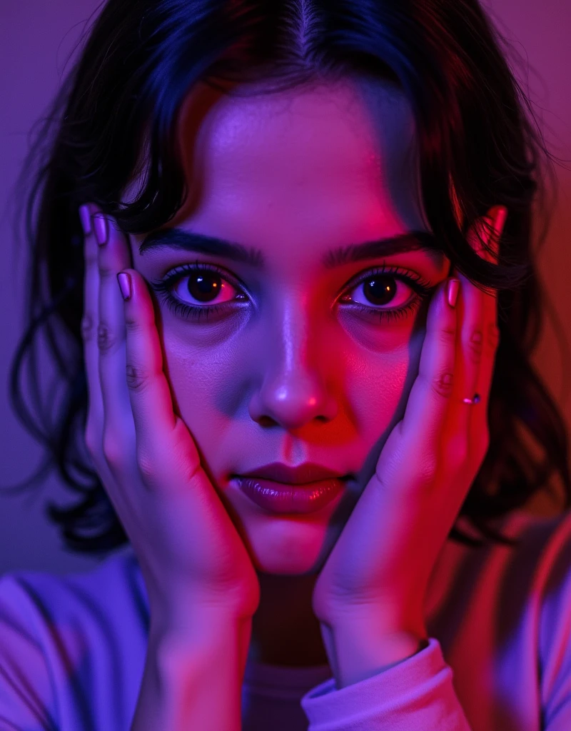 beautiful woman with "crazed Yandere expression", slight head tilt to the right, purple lighting, woman's hands on her checks near her eyes, close-up looking at the viewer.
