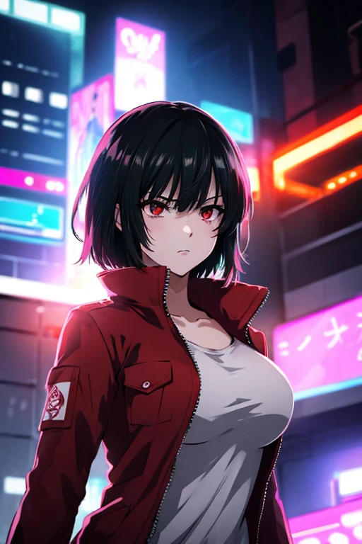 anime、High image quality、High resolution、masterpiece、Female bust shot、Short Hair、Red Eyes、Angry expression、Short jacket、Cyberpunk、Neon Signs、