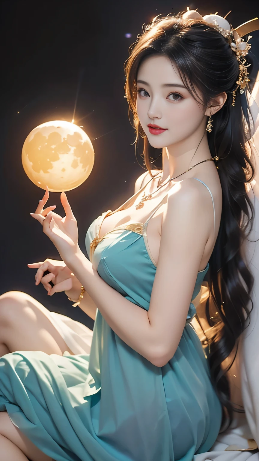 A girl,Gorgeous dress,Sitting,On the Moon,Blue moon detailed background,The vast starry sky,Moon Goddess,((healthy:1.6))(Beautiful big breasts:1.45)Extruded, (obesity:1.3),Short face,Fairy in the sky,(Halo:1.2),Small lips,Charming smile,((Holding a glowing moon model in one hand:1.2)) ,Very beautiful fantasy art,8K Golden Fairy Costume((High-end gradient material clothing)),High-quality detail art,Medium length microwave straight hair,Crystal Necklace,Best quality masterpiece,Upper body,thigh,Night view ,