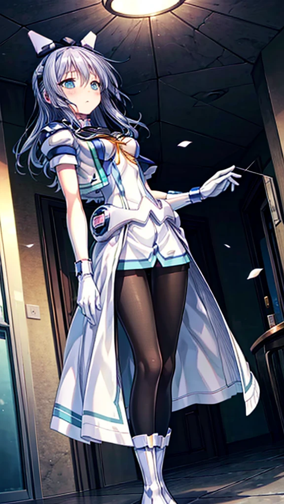 Please redeem，symphony_sugar,Light blue hair,Dark blue eyes,Hair Accessories,Long Hair,White long_gloves,light blue short dress,Black Pantyhose,High heels, ,Show me your boots，gloves，elegant, 1 girl, cute, Blushed, Looking at the audience, From below, prison，Beautiful Eyes, Beautiful background, Particles of light, Sunshine, Dramatic lighting, Outside, Shiny, Realistic, Please redeem, Very detailed, Get used to it, landscape, Beautiful and detailed, Thin Hair，Full Body Shot，((Cowboy Shot,Dynamic Angle))